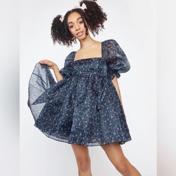 Selkie Dresses & Skirts - Selkie size medium new 80s ditz Navy Floral Puff Sleeve Dress babydoll girl fem